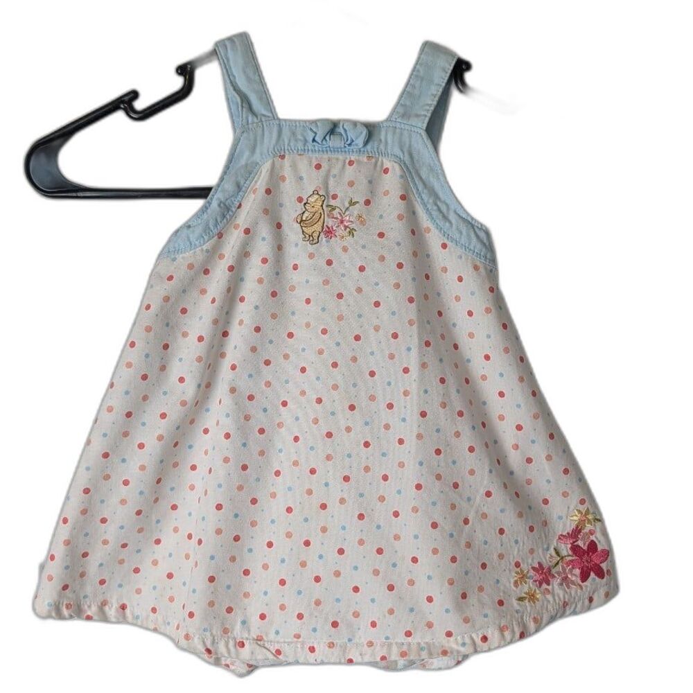 Vintage Disney Classic Pooh Baby Girls Pinafore Dress Romper Polka Dot Floral